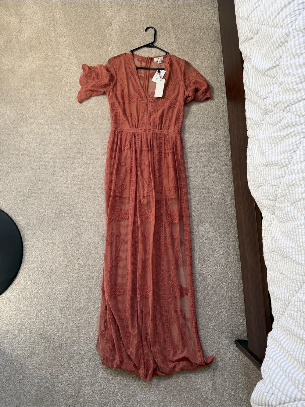 Socialite Rust Lace Maxi Dress with V-Neck Detail - Picture 3 of 4